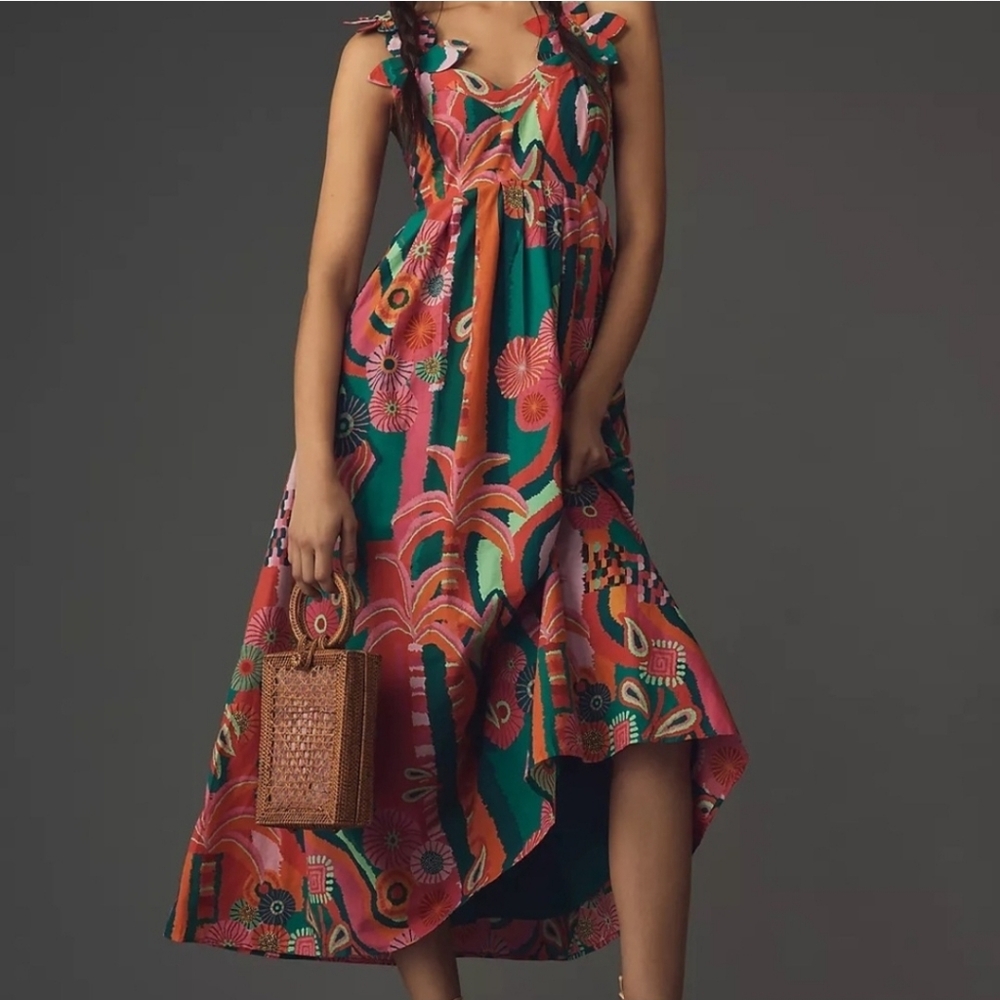 Farm Rio x Anthropologie Pleated Palm Midi Dress
